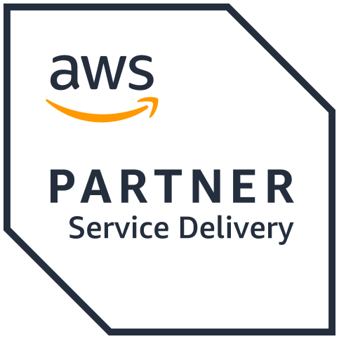 AWS Partner Service Delivery badge with the AWS logo and text highlighting certified service delivery.