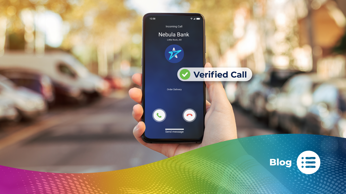 Hand holding a smartphone showing an incoming call from Nebula Bank with a "Verified Call" badge and a brand logo, symbolizing secure and authenticated customer communication.