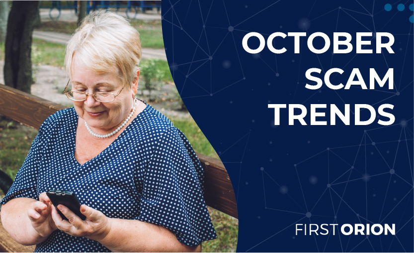 October Scam Trends - Older woman sitting on bench, reading mobile phone